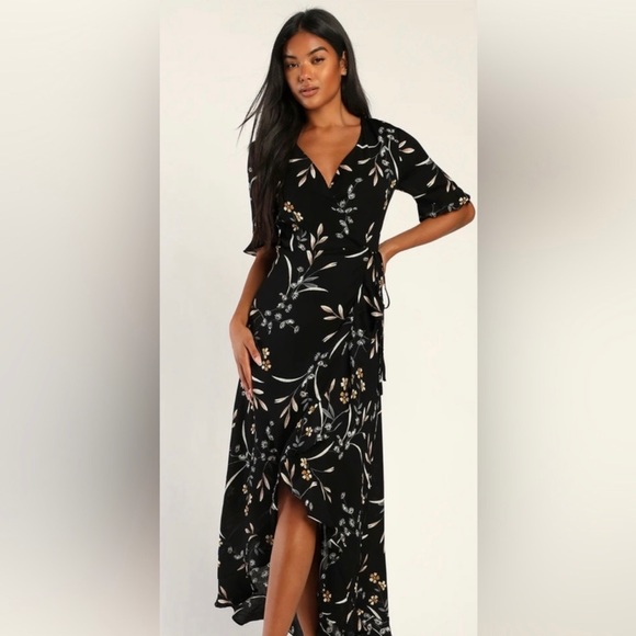 Lulu's MAXI Black Floral Print High-Low Wrap Dress Medium - Picture 2 of 6